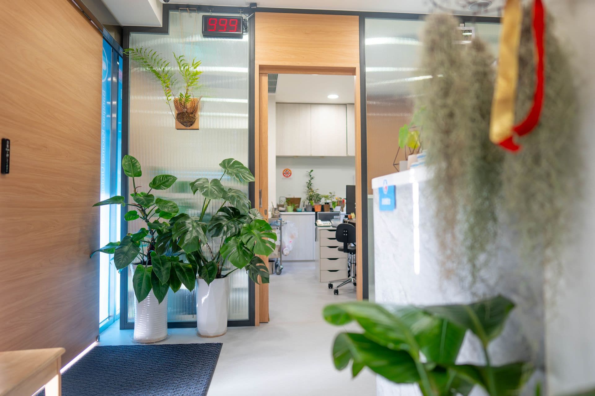 高美泌尿科診所大門入口，綠植與木質門框