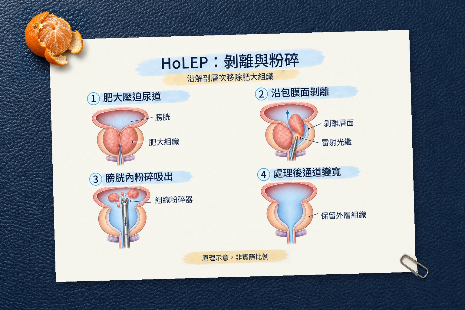 HoLEP 沿包膜面剝離肥大組織、在膀胱內粉碎吸出並保留外層組織的四步驟示意