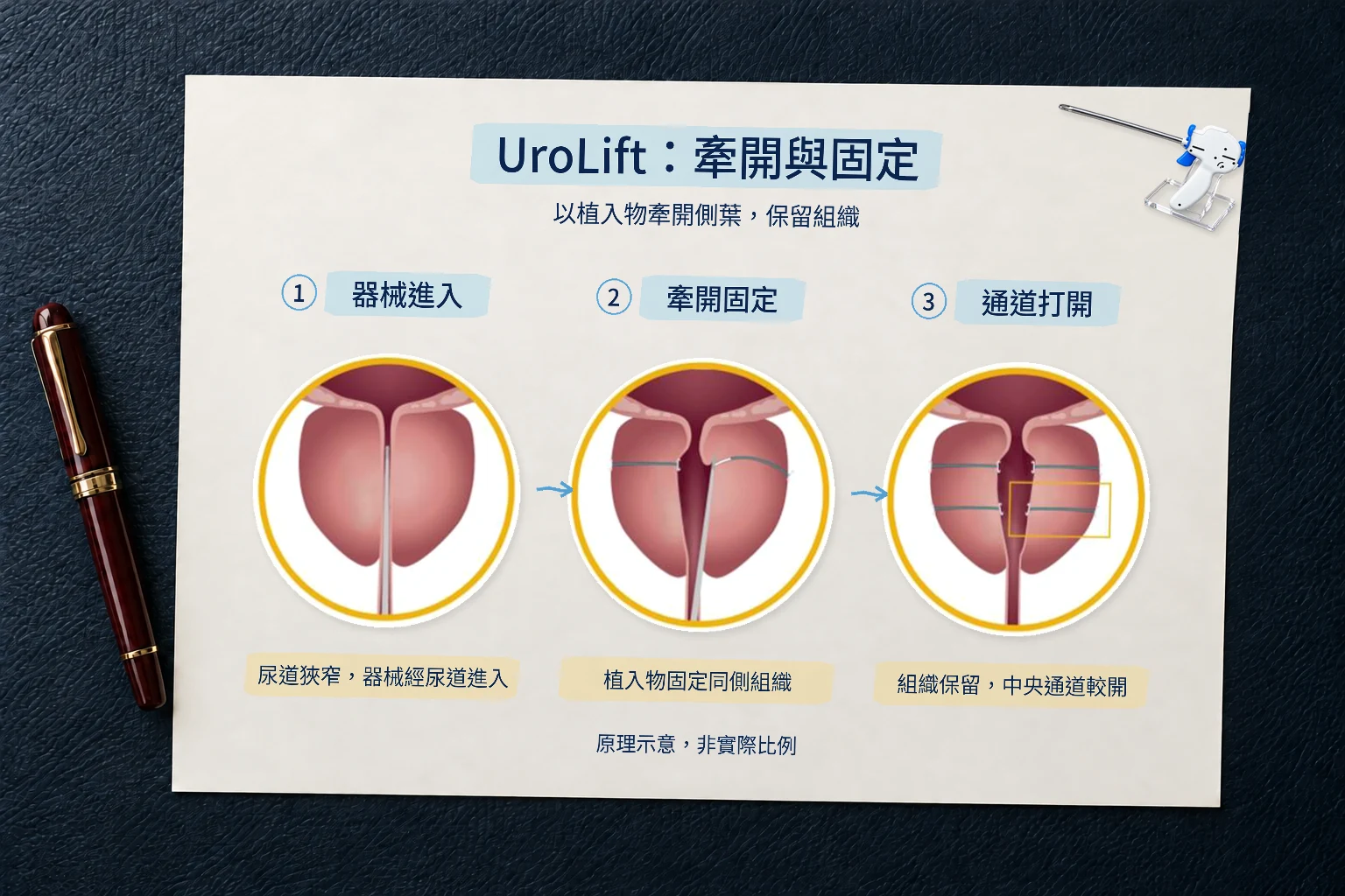 UroLift 器械經尿道進入、植入物牽開固定側葉並保留組織的三步驟示意