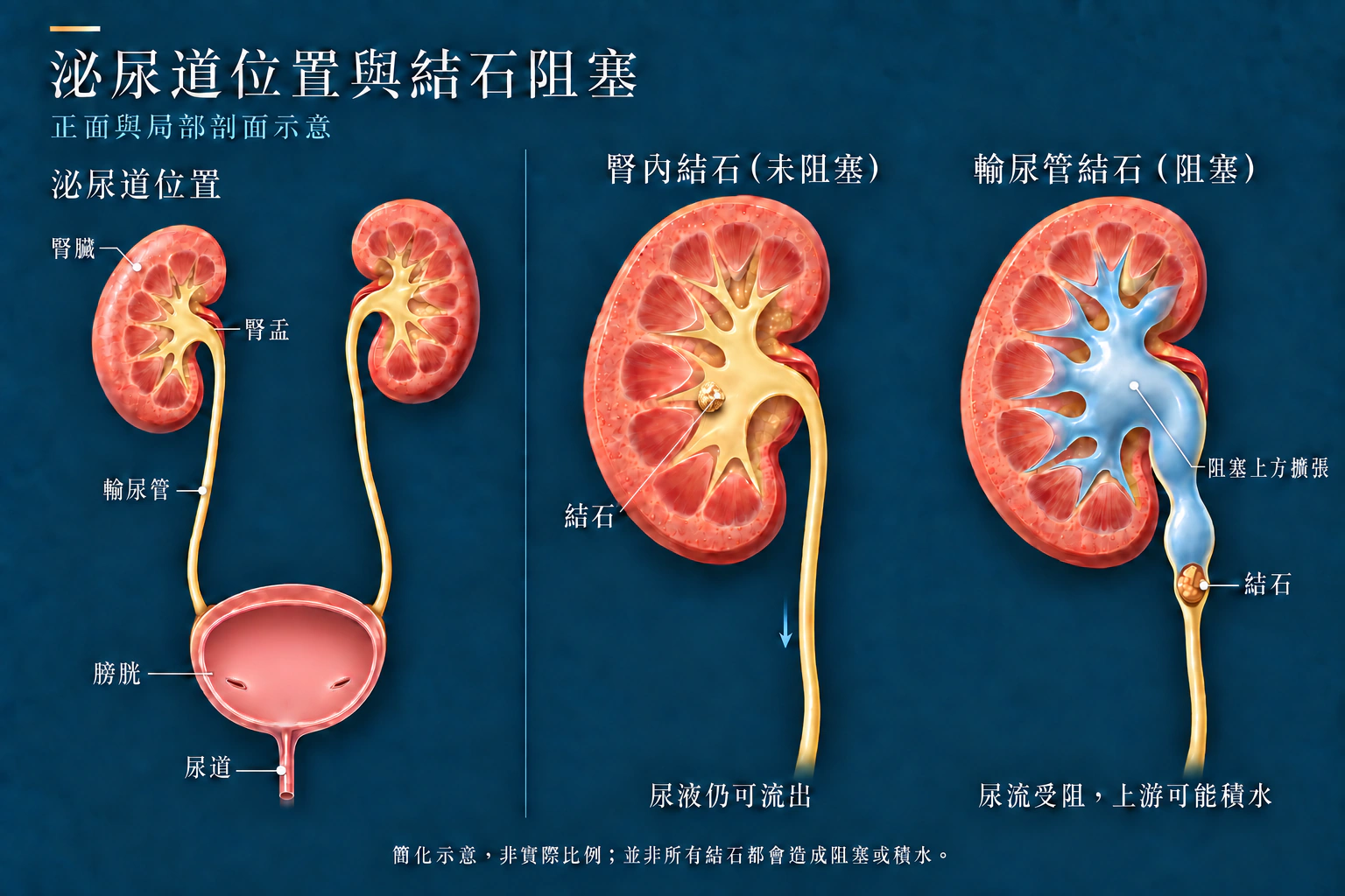 泌尿道位置、腎內未阻塞結石與輸尿管阻塞結石示意
