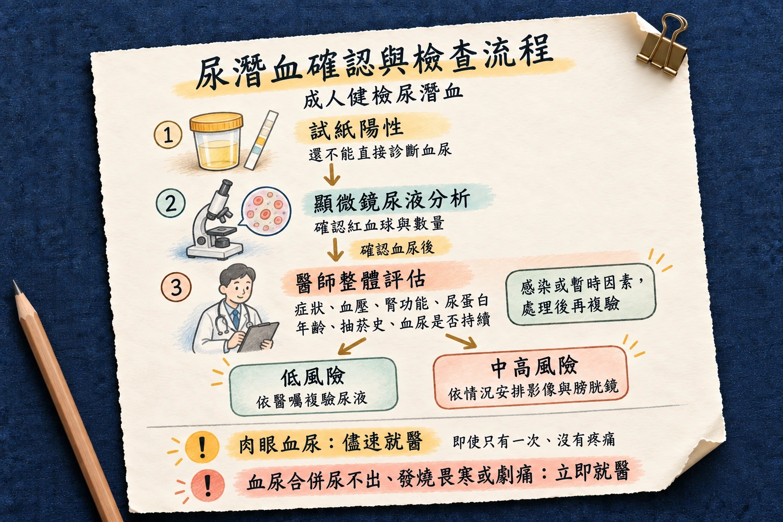 成人健檢尿潛血先經顯微鏡確認，再由醫師依整體風險安排複驗或檢查，並保留肉眼血尿與急症就醫提醒