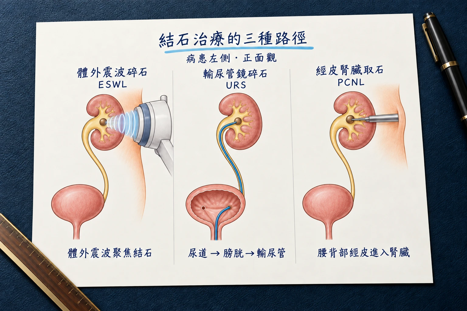 病患左側、正面觀的結石治療路徑示意：體外震波、經尿道膀胱及輸尿管的輸尿管鏡、腰背部經皮腎臟取石