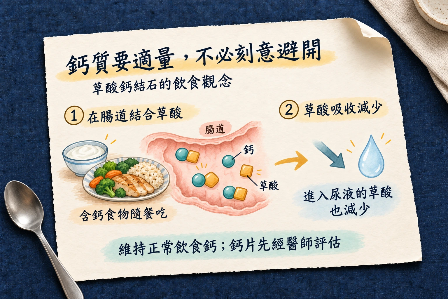 草酸鈣結石的飲食觀念：正常飲食鈣在腸道結合草酸，減少草酸吸收，鈣片先經醫師評估
