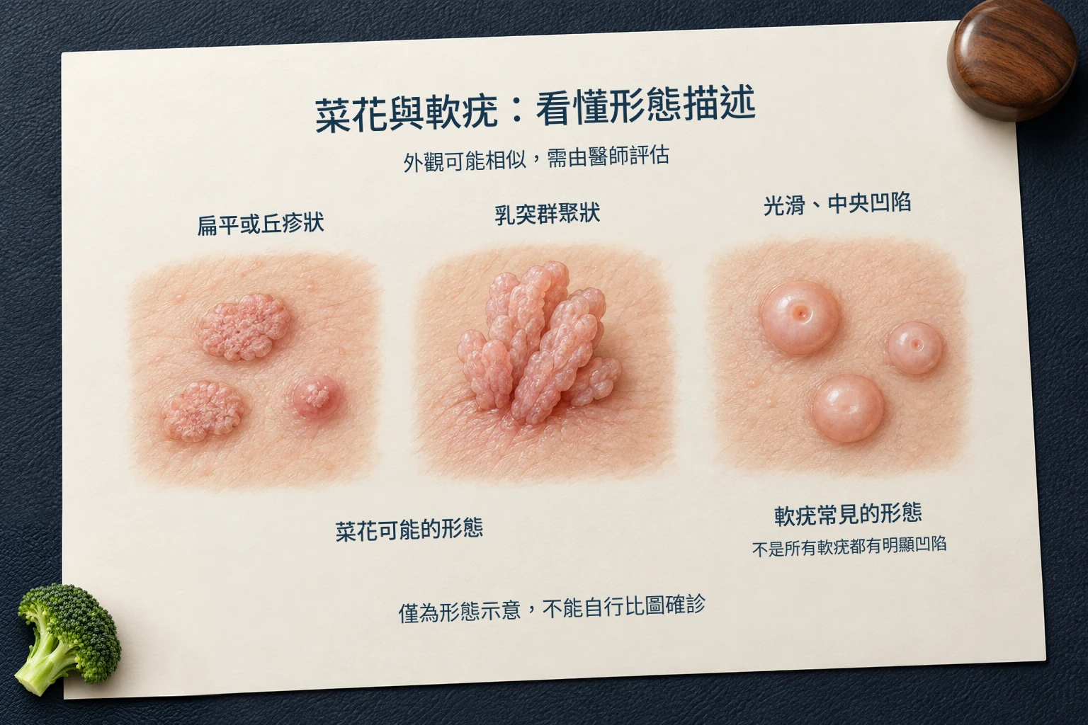 菜花可能呈扁平丘疹或乳突群聚，軟疣常見光滑且中央凹陷的三格形態示意